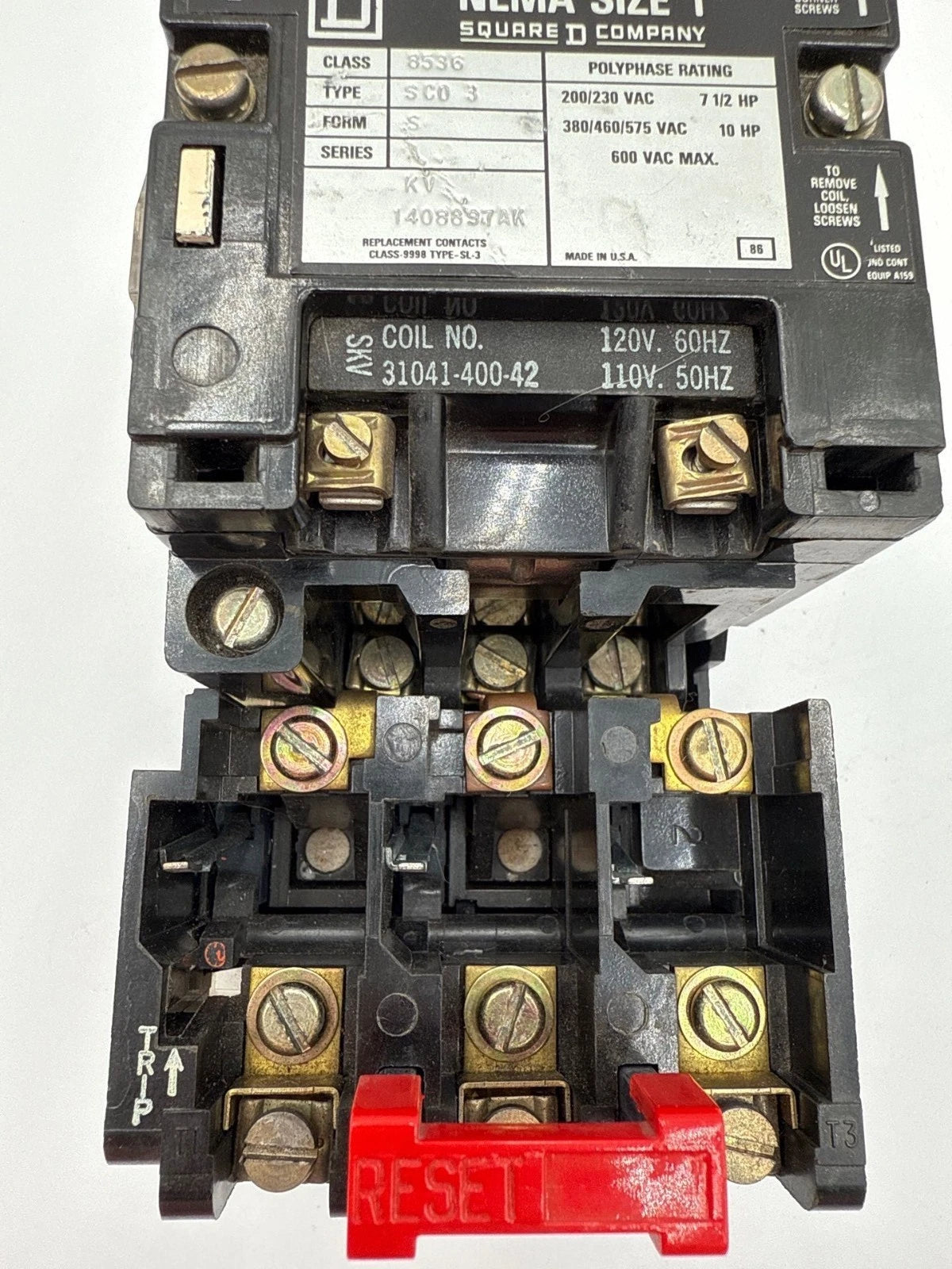 Square D 8536 SCO3 S NEMA Size 1 Starter 27A 10HP 3P 600V Coil 110/120V 8536SC03 Used