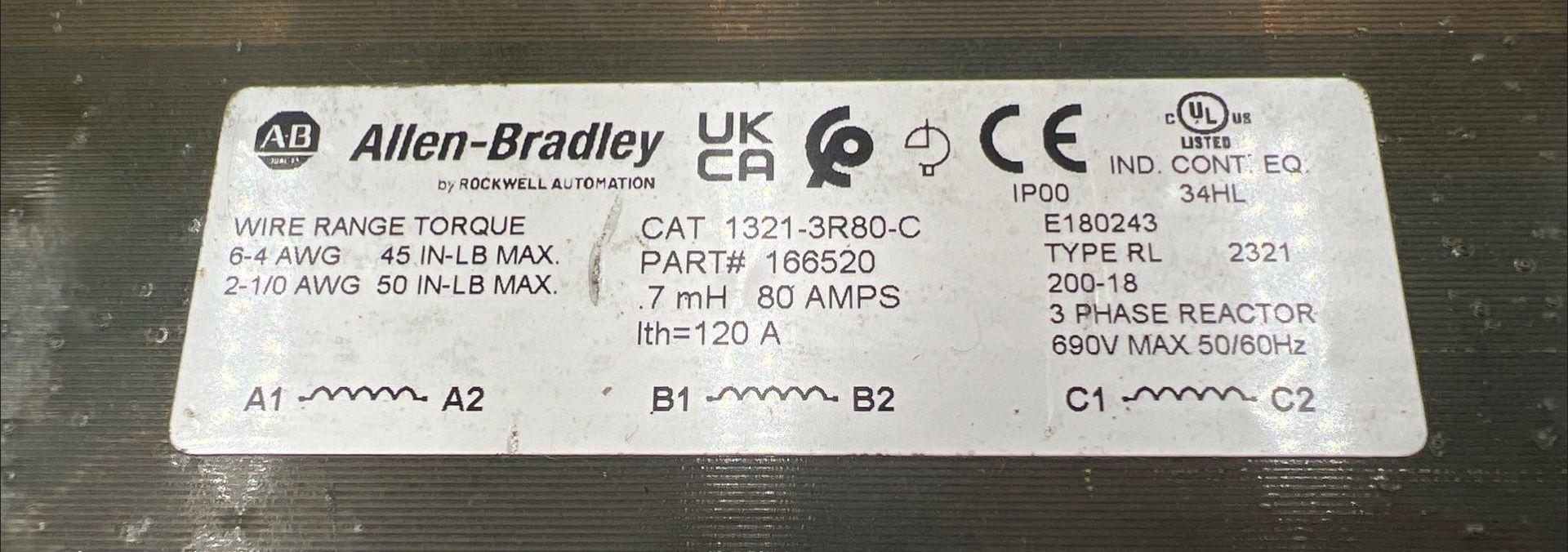Allen Bradley 1321-3R80-C Input Output Line Reactor 0.7MH 80A 3PH 200-690V Used
