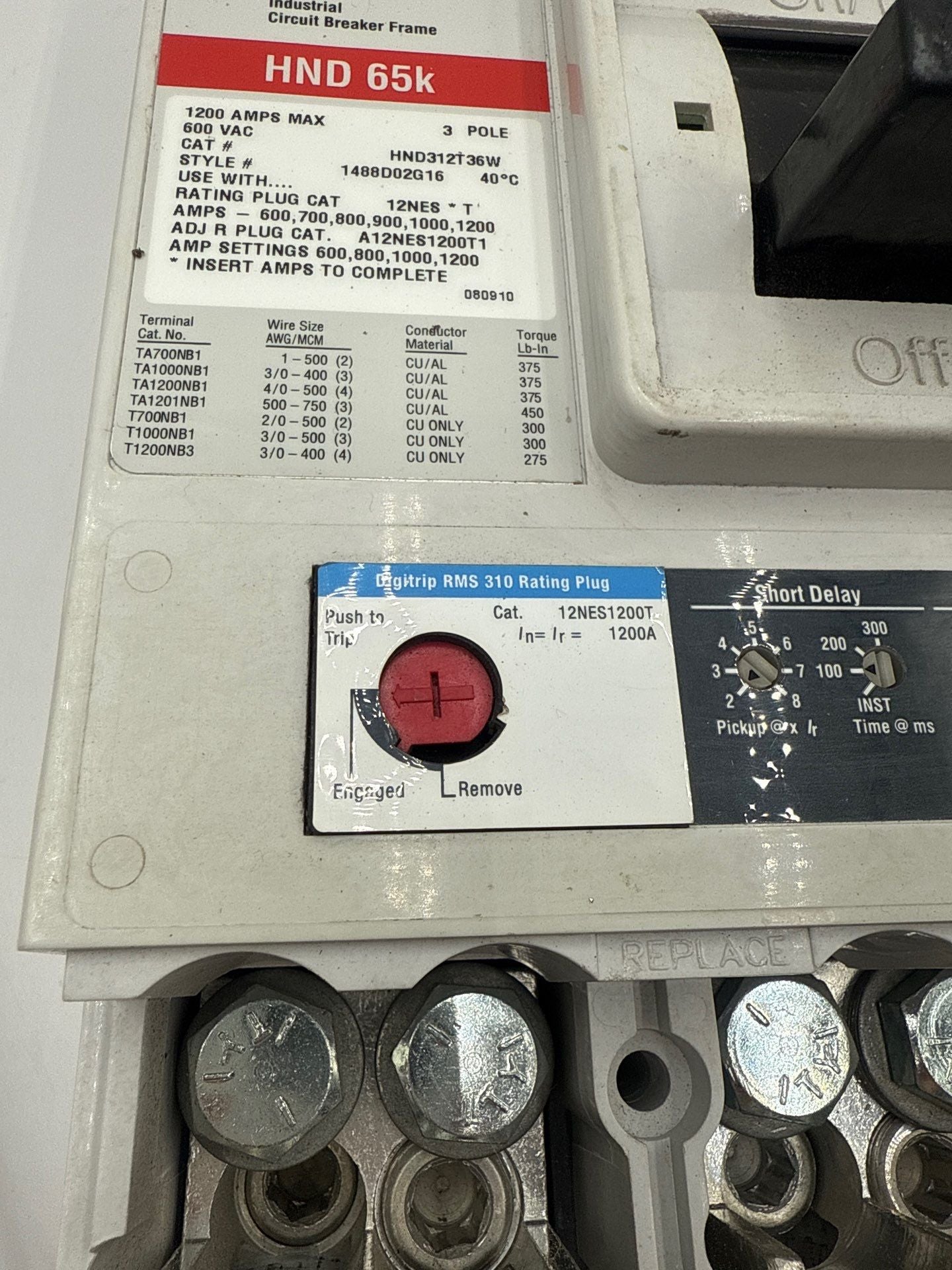 Eaton HND312T36W Circuit Breaker 1200A 3P 600V HND 65k LSIG 1200 Amp HND312 Used